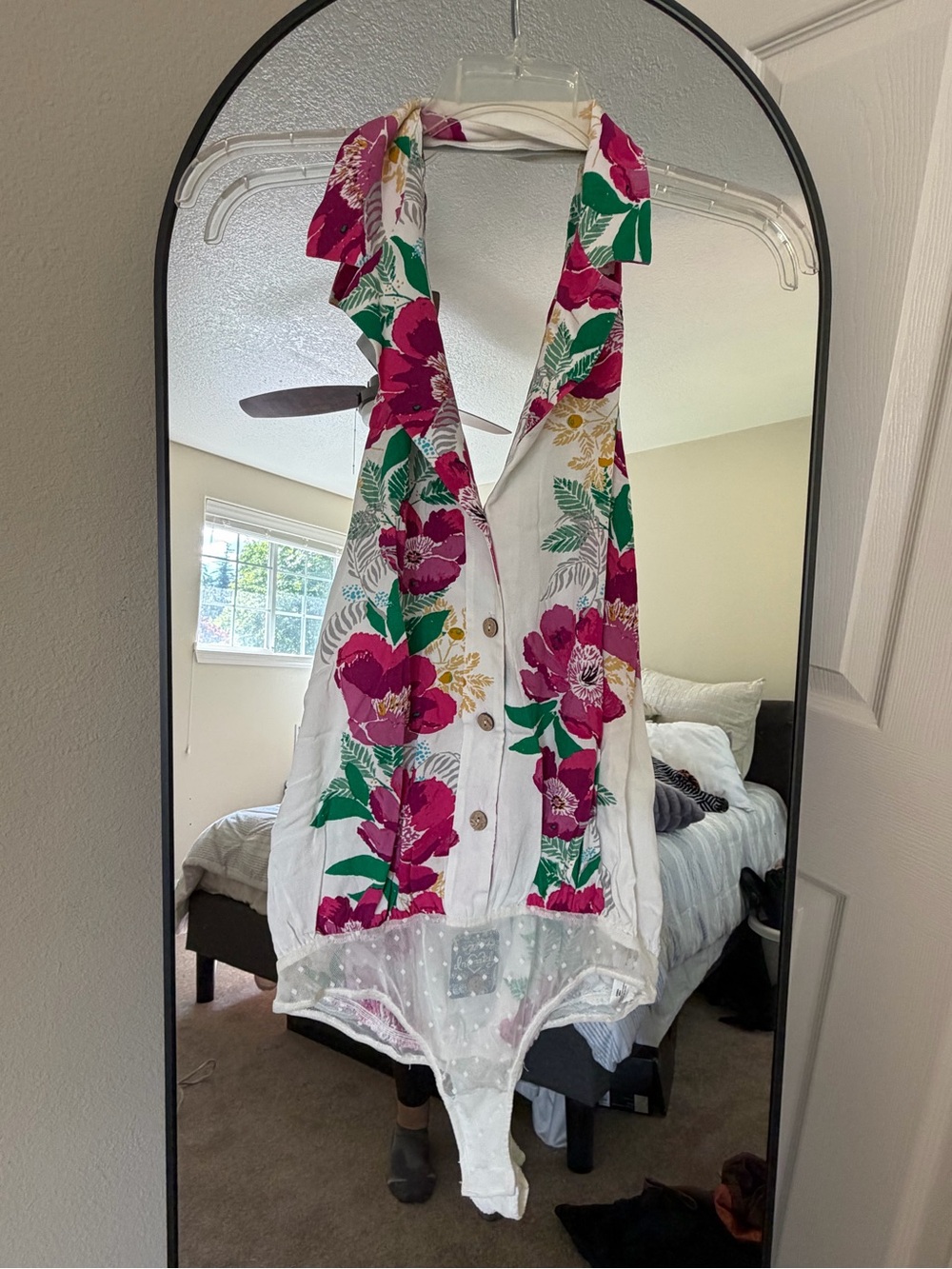 Free People White Floral Halter Bodysuit with Pink & Green Print-NWT